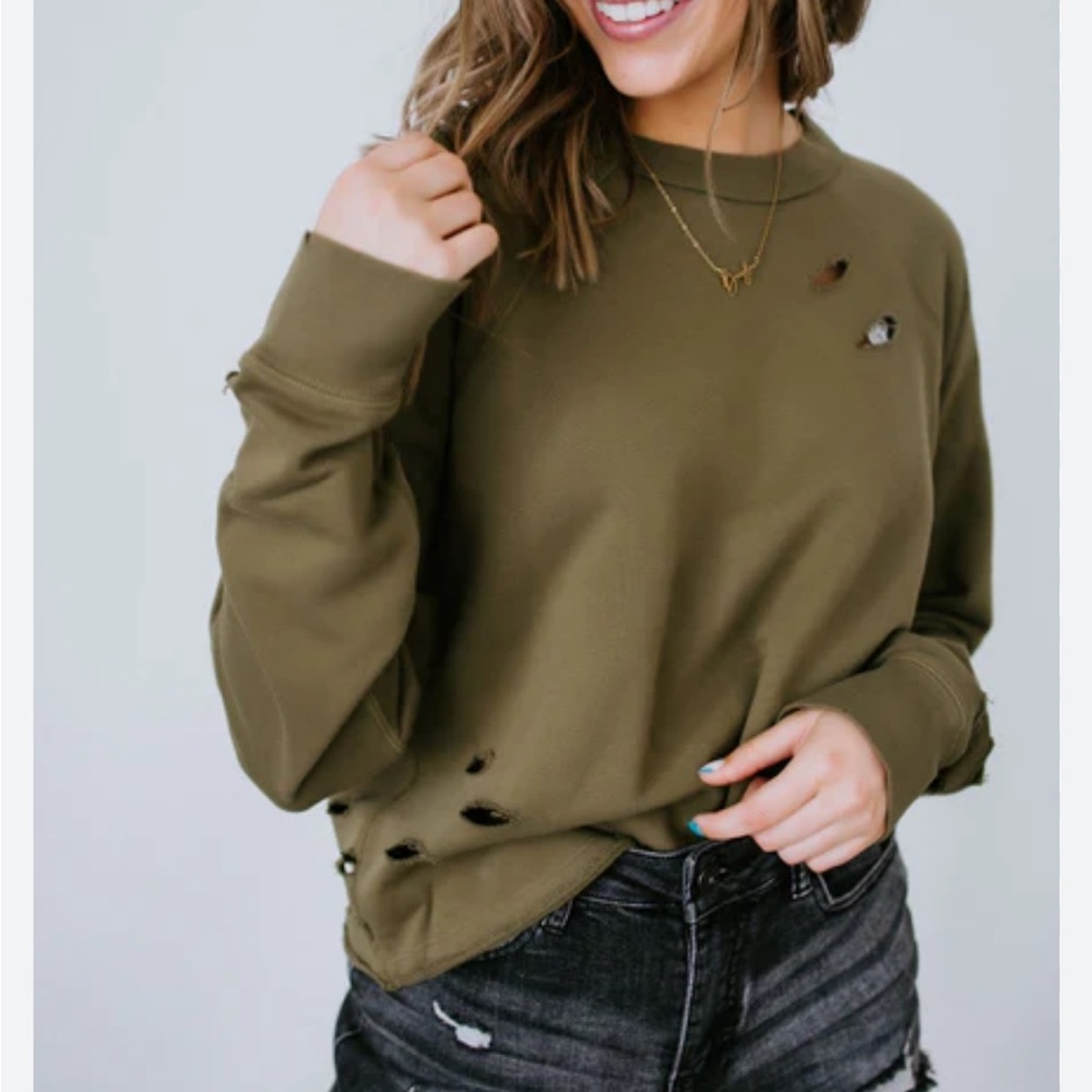 Lily & Lottie Kylee Distressed Olive Distressed Sweatshirt